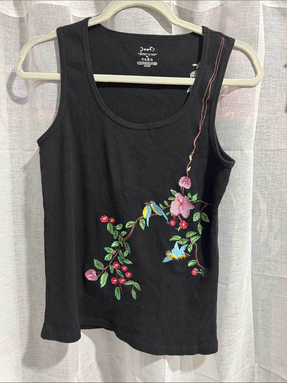 Poof! Black Tank Top with Colorful Floral & Bird Embroidery